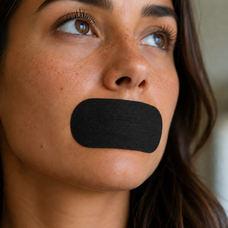 A close-up of a woman's face with a piece of black textured mouth tape covering her mouth, looking upward.