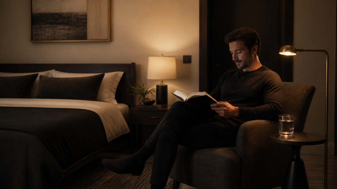 Man sitting in low light bed room reading a book before going to sleep