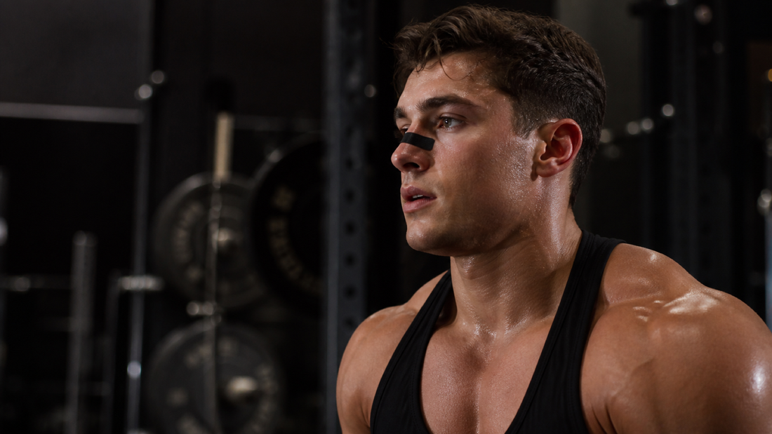 Young bodybuilder wearing a black nasal strip while recovering between sets in a dark gym.