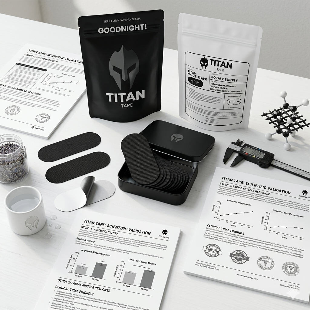 Titan Tape packaging and accessories on a white surface with informational brochures.