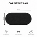 A black oval-shaped piece of mouth tape for sleeping dimensions of 76mm by 38mm, shown on a white background with text reading 'ONE SIZE FITS ALL' and feature icons below.