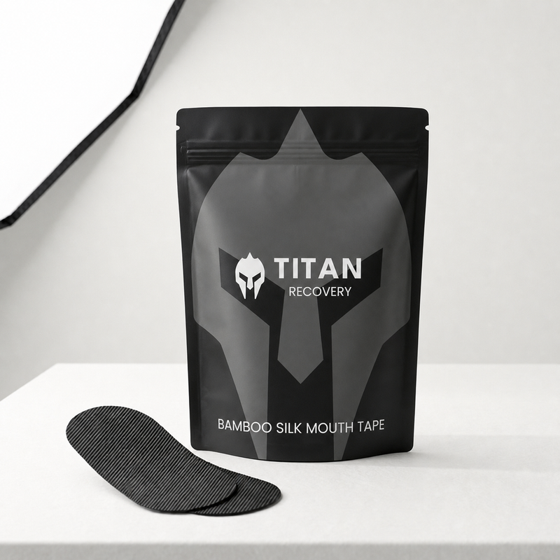 Titan Recovery bamboo silk mouth tape in a black resealable pouch with a single black mouth tape pad placed in front on a white surface.