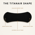 A black curved nasal strip labeled 'THE TITANAIR SHAPE' on a light beige background, with callout lines and text describing its shallow comfort curve, broad contact ends, and centered high-lift band.