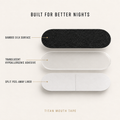 Titan Mouth Tape product graphic showing three horizontal strips labeled Bamboo Silk Surface, Translucent Hypoallergenic Adhesive, and Split Peel-Away Liner on a light beige background with the headline 'BUILT FOR BETTER NIGHTS'.