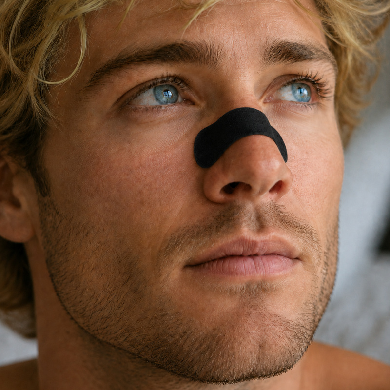 Close-up of a man with blonde hair and blue eyes wearing a black nose strip on his nose, looking upward.